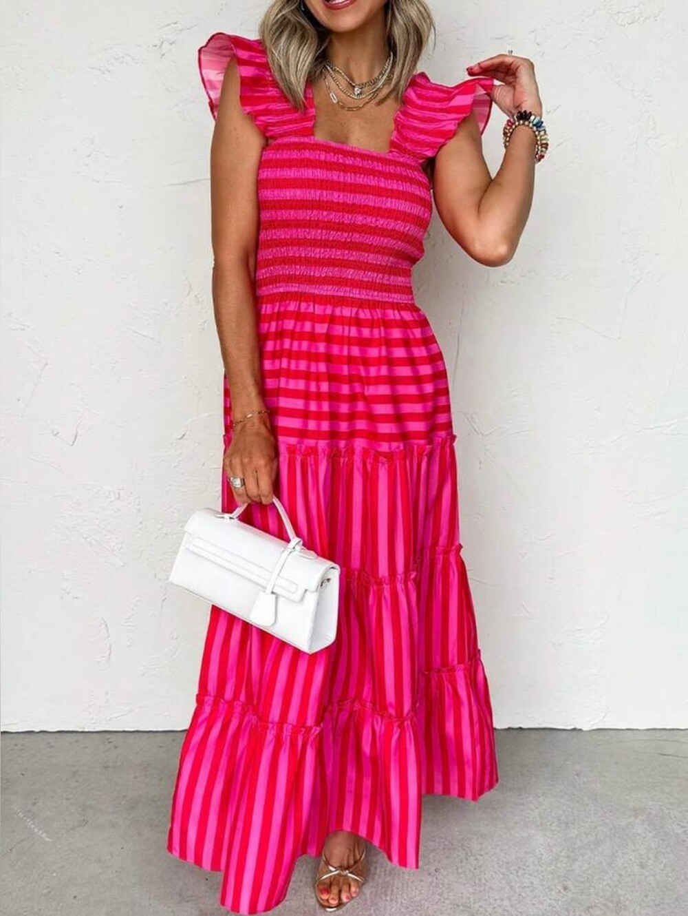 SO ME Pink Striped Ruffle Sleeve Maxi Dress